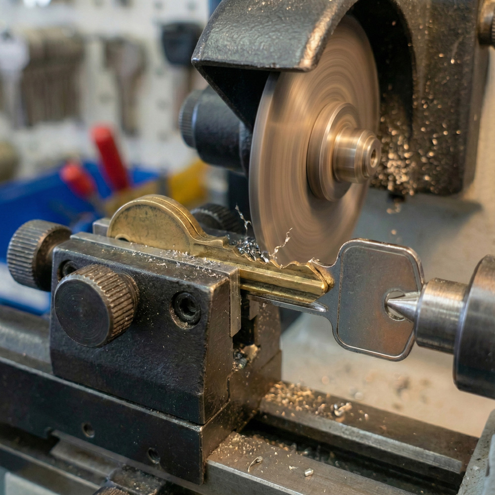 De afbeelding toont een sleutelmachine in actie tijdens het proces van een sleutel bijmaken, waarbij een nieuwe sleutel wordt geslepen aan de hand van het origineel.